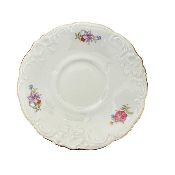 Vintage Walbrzych Footed Teacup Saucer Set White Floral Gold Trim Porcelain - Picture 5 of 9